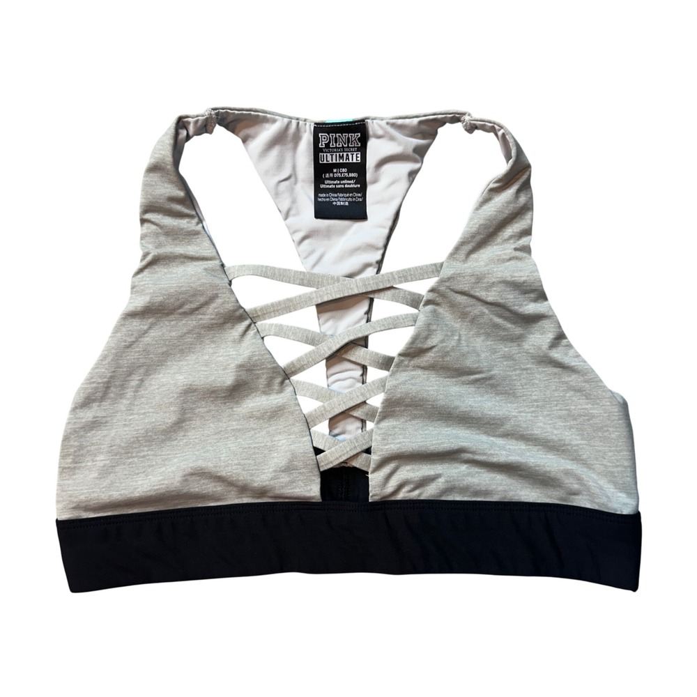 PINK Sports Bra Women M Gray Ultimate Caged Lattice Front Racerback Logo 33041